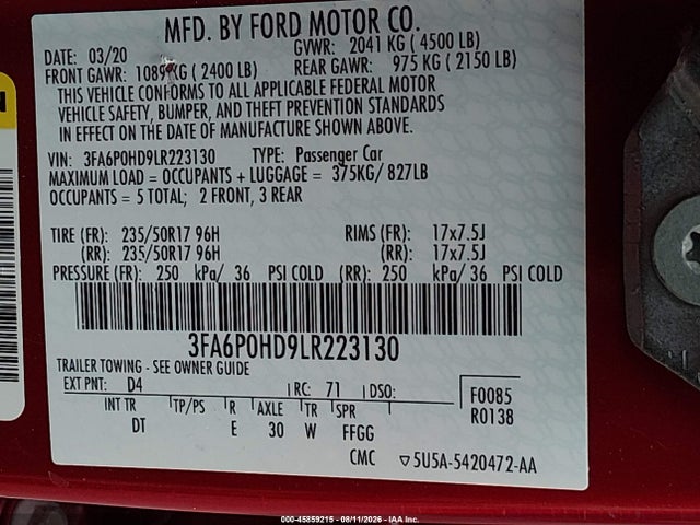 Продажа на аукционе авто 2020 Ford Fusion Se, vin: 3FA6P0HD9LR223130, номер лота: 45859215