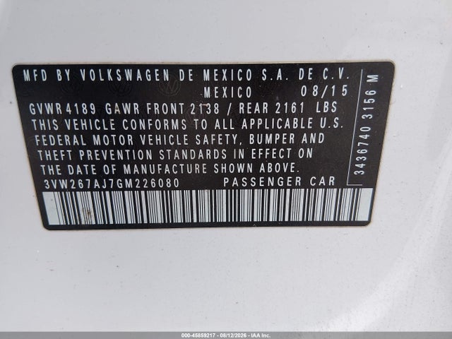 Aukcja sprzedaży 2016 Volkswagen Jetta 1.4t S, vin: 3VW267AJ7GM226080, numer aukcji: 45859217