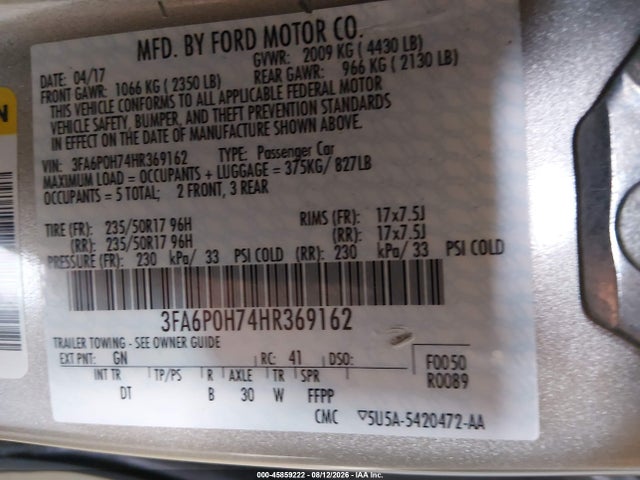 Ford FUSION SE 2017 3FA6P0H74HR369162 Image 9