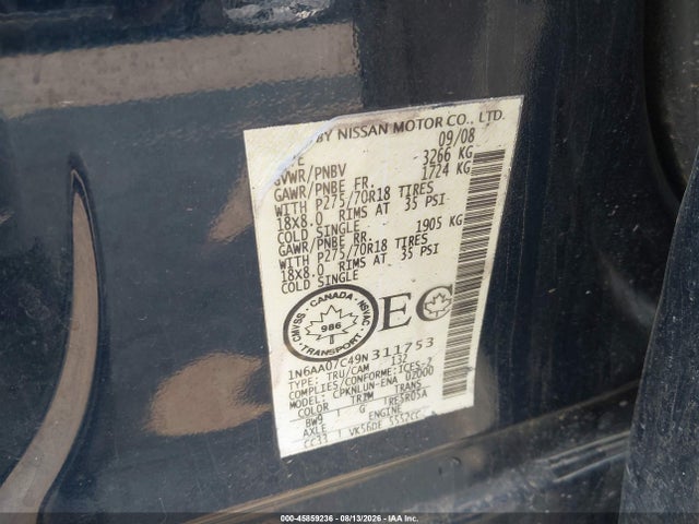 Aukcja sprzedaży 2009 Nissan Titan Xe, vin: 1N6AA07C49N311753, numer aukcji: 45859236