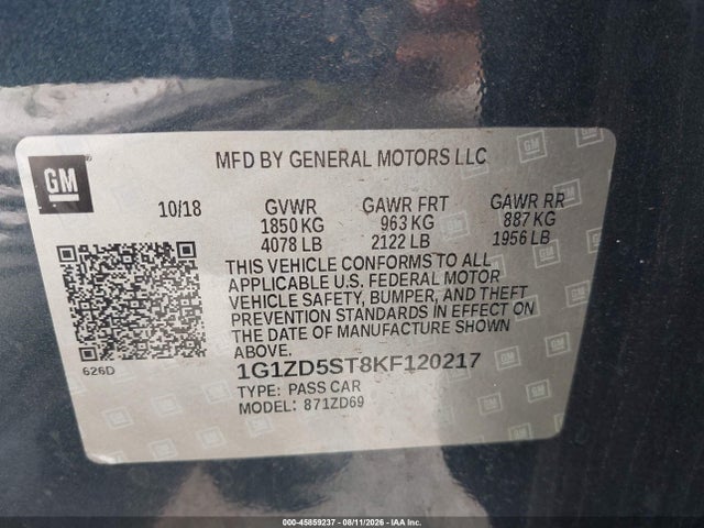 2019 Chevrolet Malibu Lt მანქანა იყიდება აუქციონზე, vin: 1G1ZD5ST8KF120217, აუქციონის ნომერი: 45859237