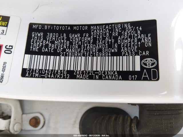2014 Toyota Corolla Le მანქანა იყიდება აუქციონზე, vin: 2T1BURHE1EC169894, აუქციონის ნომერი: 45859242