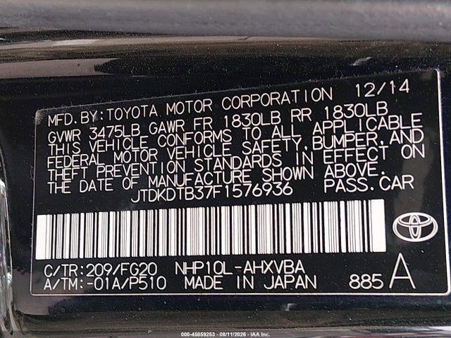 Toyota Prius C Two 2015 JTDKDTB37F1576936 Image 9