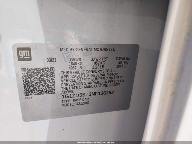 1G1ZD5ST3NF136362 Chevrolet Malibu Fwd Lt