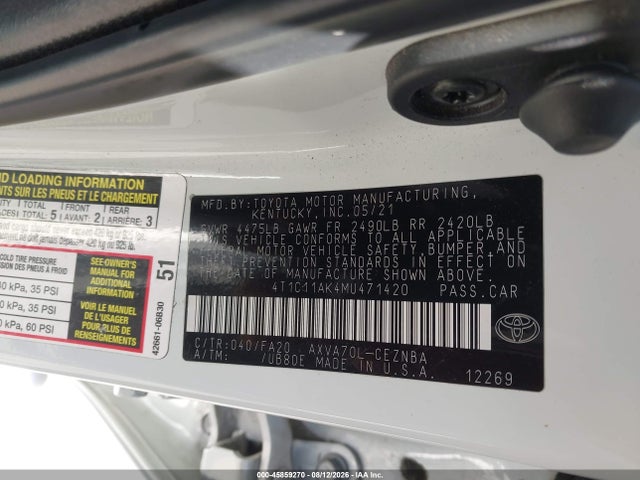 Aukcja sprzedaży 2021 Toyota Camry Le, vin: 4T1C11AK4MU471420, numer aukcji: 45859270
