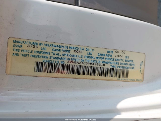 Продажа на аукционе авто 2000 Volkswagen New Beetle Gl, vin: 3VWBA21C3YM498310, номер лота: 45859284