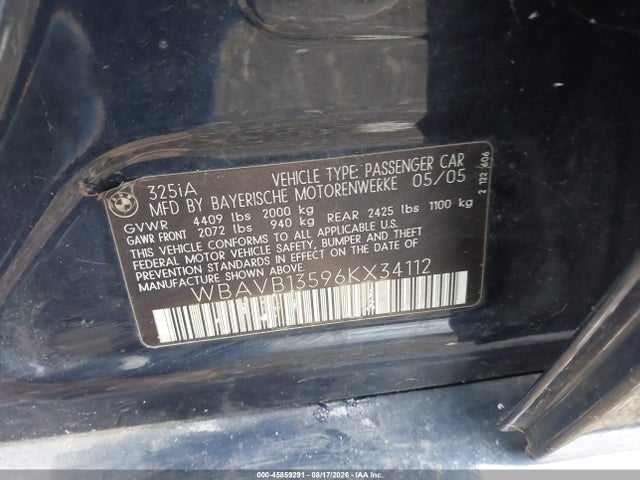 45859291 :رقم المزاد ، WBAVB13596KX34112 vin ، 2006 Bmw 325i مزاد بيع