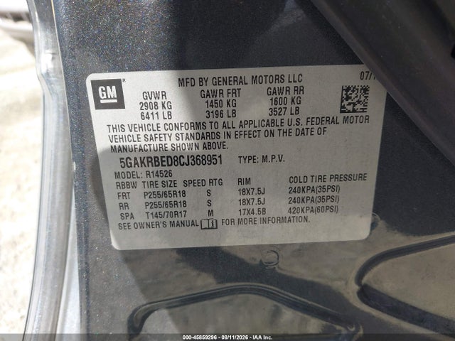 45859296 :رقم المزاد ، 5GAKRBED8CJ368951 vin ، 2012 Buick Enclave Convenience مزاد بيع