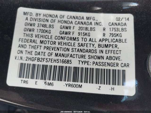 Honda Civic Lx 2014 2HGFB2F57EH516685 Image 9