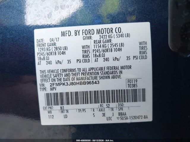 Продаж на аукціоні авто 2017 Ford Edge Sel, vin: 2FMPK3J80HBB96543, номер лоту: 45859305