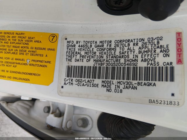 Aukcja sprzedaży 2002 Lexus Es 300, vin: JTHBF30G520054692, numer aukcji: 45859310