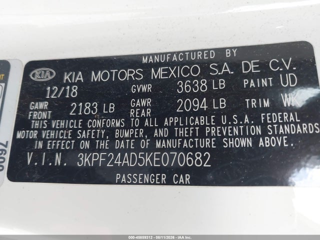 Продаж на аукціоні авто 2019 Kia Forte Fe, vin: 3KPF24AD5KE070682, номер лоту: 45859312