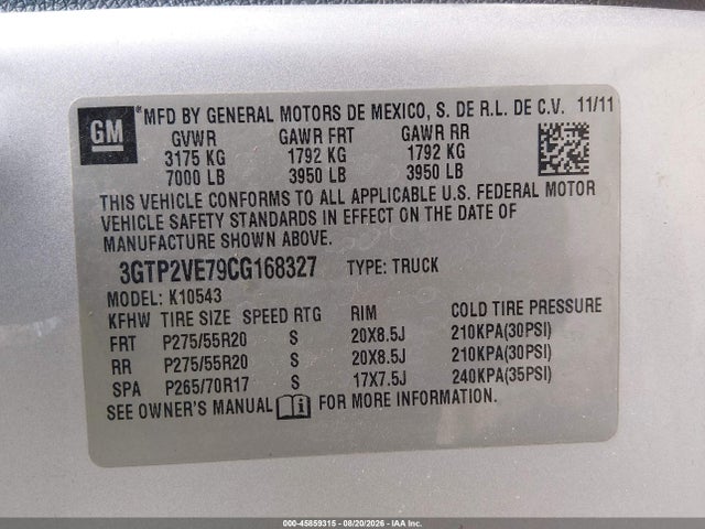 Aukcja sprzedaży 2012 Gmc Sierra 1500 Sle, vin: 3GTP2VE79CG168327, numer aukcji: 45859315