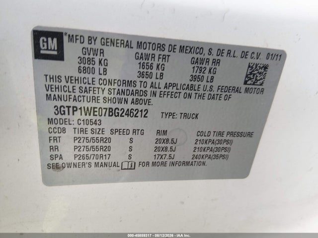 2011 Gmc Sierra 1500 Slt მანქანა იყიდება აუქციონზე, vin: 3GTP1WE07BG246212, აუქციონის ნომერი: 45859317