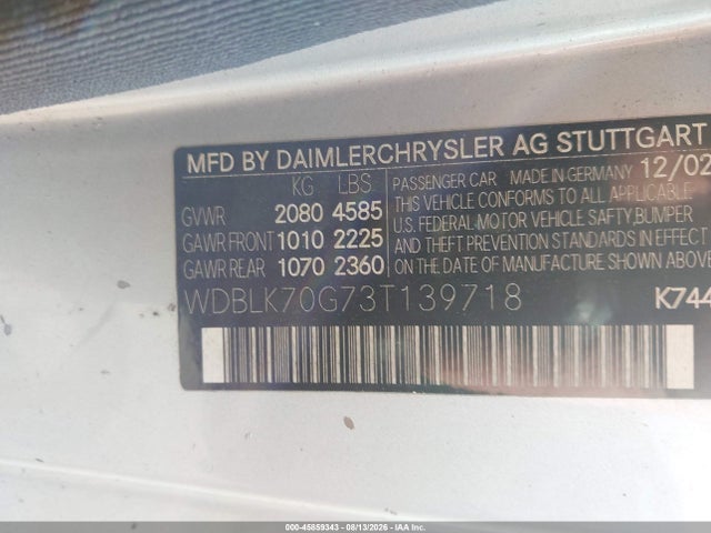 45859343 :رقم المزاد ، WDBLK70G73T139718 vin ، 2003 Mercedes-benz Clk 430 مزاد بيع