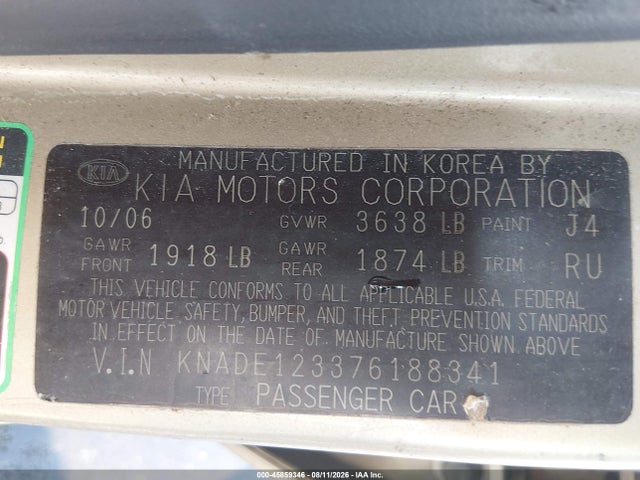 45859346 :رقم المزاد ، KNADE123376188341 vin ، 2007 Kia Rio Lx مزاد بيع