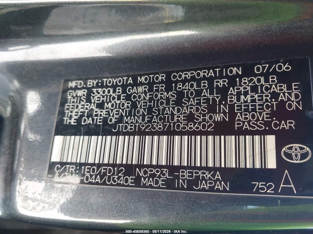 2007 Toyota Yaris მანქანა იყიდება აუქციონზე, vin: JTDBT923871058602, აუქციონის ნომერი: 45859360