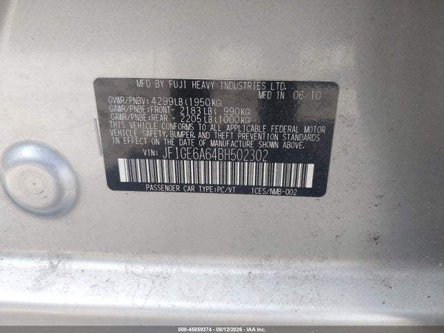 Продаж на аукціоні авто 2011 Subaru Impreza 2.5i, vin: JF1GE6A64BH502302, номер лоту: 45859374