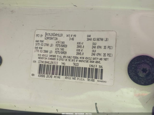 45859383 :رقم المزاد ، 1D7HA18N46J201513 vin ، 2006 Dodge Ram 1500 Slt مزاد بيع