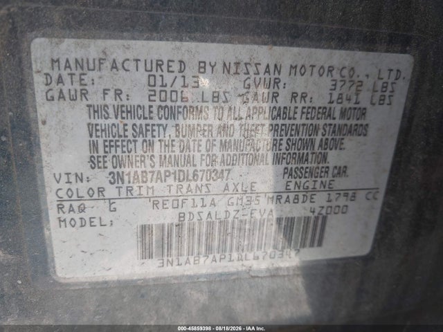 2013 Nissan Sentra Sv მანქანა იყიდება აუქციონზე, vin: 3N1AB7AP1DL670347, აუქციონის ნომერი: 45859398