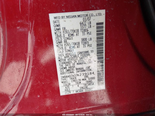 Aukcja sprzedaży 2007 Nissan Titan Se, vin: 1N6BA07A37N239184, numer aukcji: 45859400