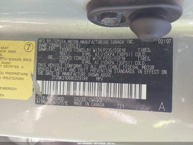 45859404 :رقم المزاد ، 2T2GK31U68C029348 vin ، 2008 Lexus Rx 350 مزاد بيع