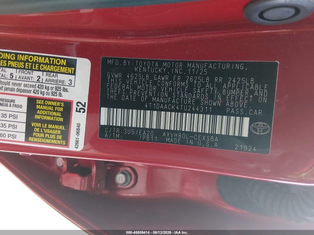 Auction sale of the 2026 Toyota Camry Se, vin: 4T1DAACK4TU244311, lot number: 45859414