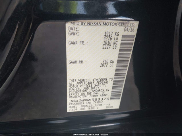 Продажа на аукционе авто 2016 Nissan Altima 2.5 S, vin: 1N4AL3AP0GN363376, номер лота: 45859455