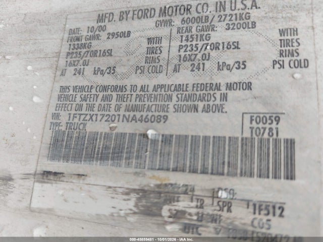 2001 Ford F-150 Xl/xlt მანქანა იყიდება აუქციონზე, vin: 1FTZX17201NA46089, აუქციონის ნომერი: 45859481