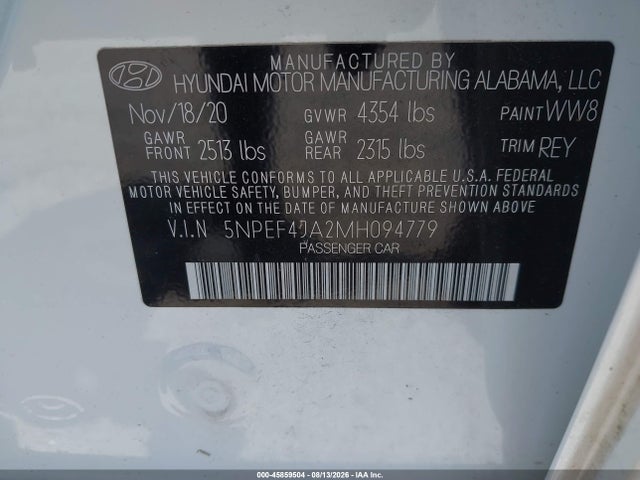 Продаж на аукціоні авто 2021 Hyundai Sonata Sel, vin: 5NPEF4JA2MH094779, номер лоту: 45859504