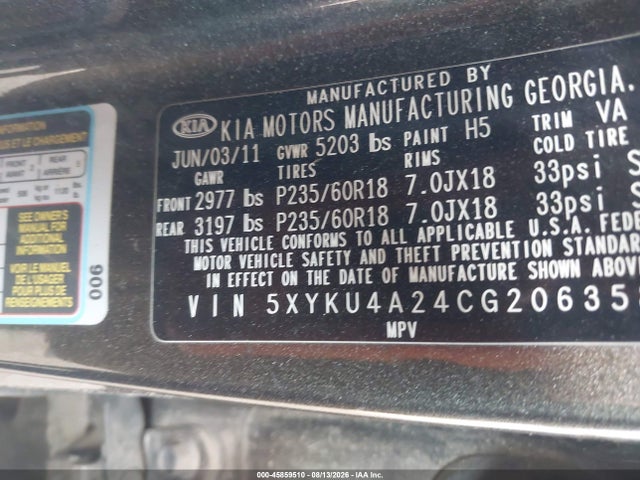 45859510 :رقم المزاد ، 5XYKU4A24CG206358 vin ، 2012 Kia Sorento Ex V6 مزاد بيع