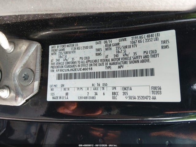 45859512 :رقم المزاد ، 1FMCU9J92EUE46018 vin ، 2014 Ford Escape Titanium مزاد بيع