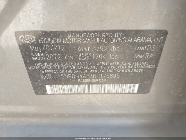 Продажа на аукционе авто 2013 Hyundai Elantra Limited, vin: 5NPDH4AE3DH175895, номер лота: 45859525