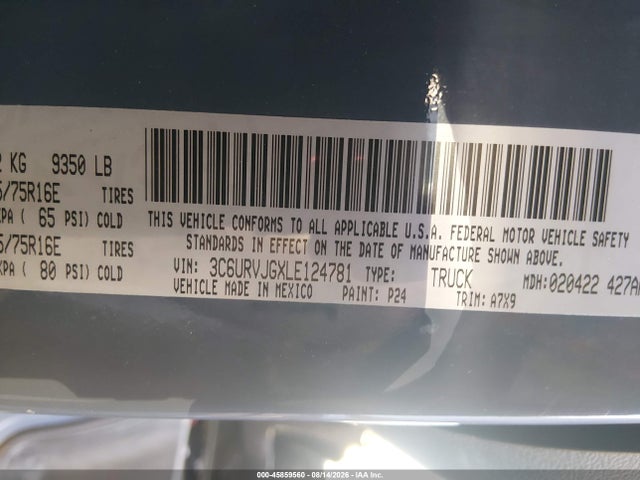 45859560 :رقم المزاد ، 3C6URVJGXLE124781 vin ، 2020 Ram Promaster 3500 Cargo Van High Roof 159 Wb Ext مزاد بيع
