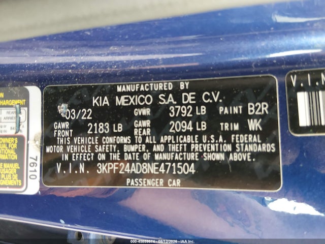 45859574 :رقم المزاد ، 3KPF24AD8NE471504 vin ، 2022 Kia Forte Fe/lxs مزاد بيع