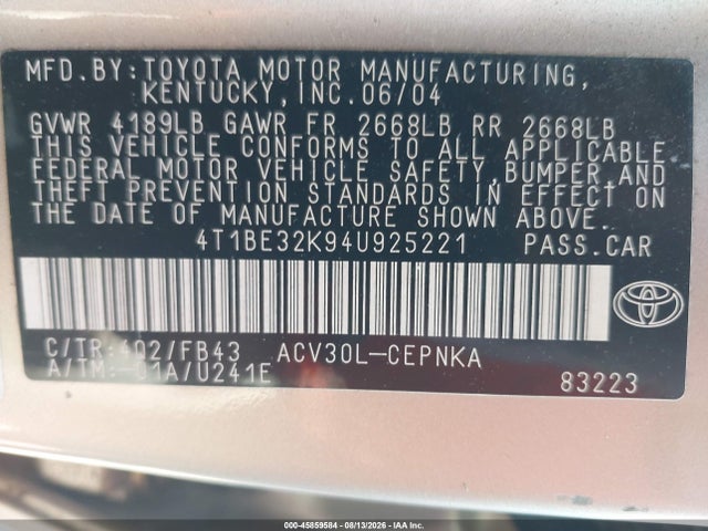 45859584 :رقم المزاد ، 4T1BE32K94U925221 vin ، 2004 Toyota Camry Le مزاد بيع
