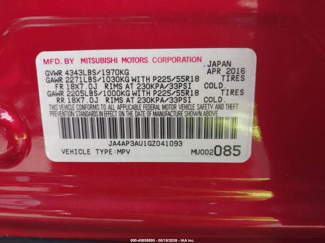 2016 Mitsubishi Outlander Sport 2.0 Es მანქანა იყიდება აუქციონზე, vin: JA4AP3AU1GZ041093, აუქციონის ნომერი: 45859595