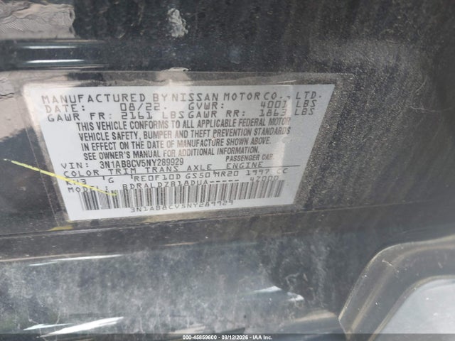 Продаж на аукціоні авто 2022 Nissan Sentra Sv Xtronic Cvt, vin: 3N1AB8CV5NY289929, номер лоту: 45859600