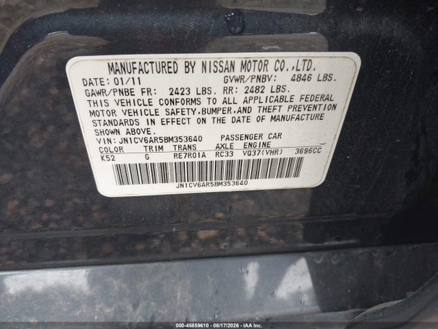Aukcja sprzedaży 2011 Infiniti G37x, vin: JN1CV6AR5BM353640, numer aukcji: 45859610