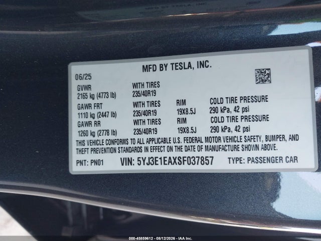 5YJ3E1EAXSF037857 Tesla Model 3 Long Range Rear-wheel Drive/standard Rear-wheel Drive
