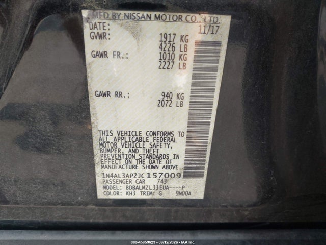 45859623 :رقم المزاد ، 1N4AL3AP2JC157009 vin ، 2018 Nissan Altima 2.5 Sv مزاد بيع