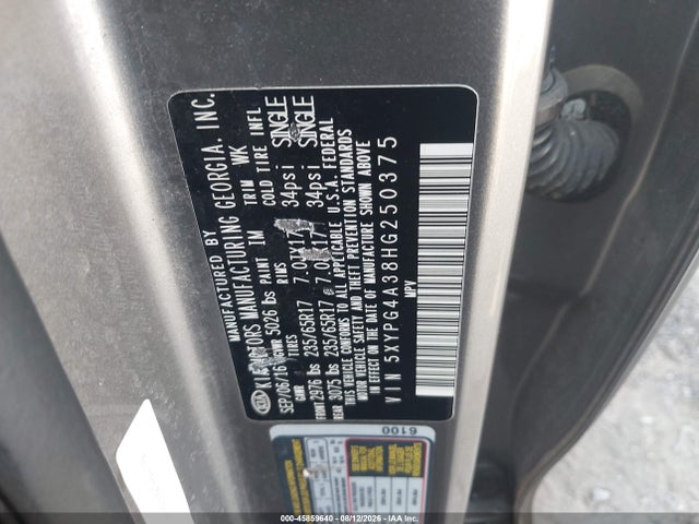 Aukcja sprzedaży 2017 Kia Sorento 2.4l Lx, vin: 5XYPG4A38HG250375, numer aukcji: 45859640