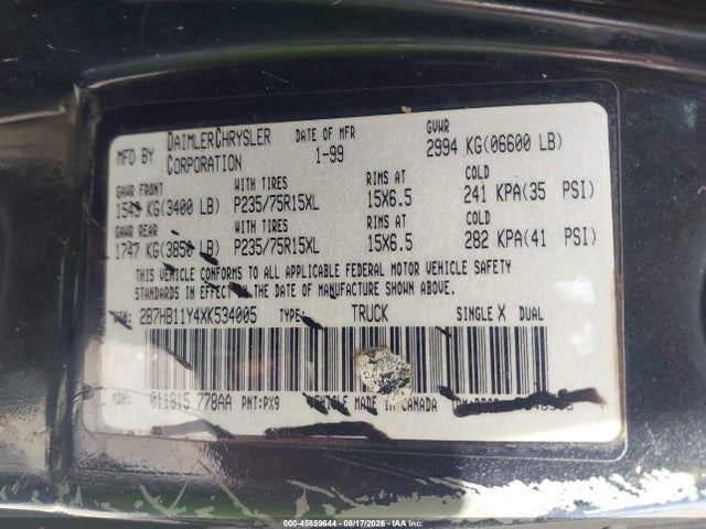 Auction sale of the 1999 Dodge Ram Van 1500 Commercial/conversion, vin: 2B7HB11Y4XK534005, lot number: 45859644
