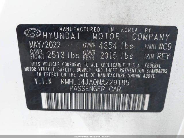 Aukcja sprzedaży 2022 Hyundai Sonata Sel, vin: KMHL14JA0NA229185, numer aukcji: 45859645