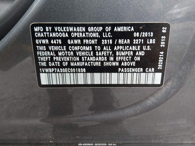 Продаж на аукціоні авто 2014 Volkswagen Passat 2.5l Se, vin: 1VWBP7A30EC001836, номер лоту: 45859649