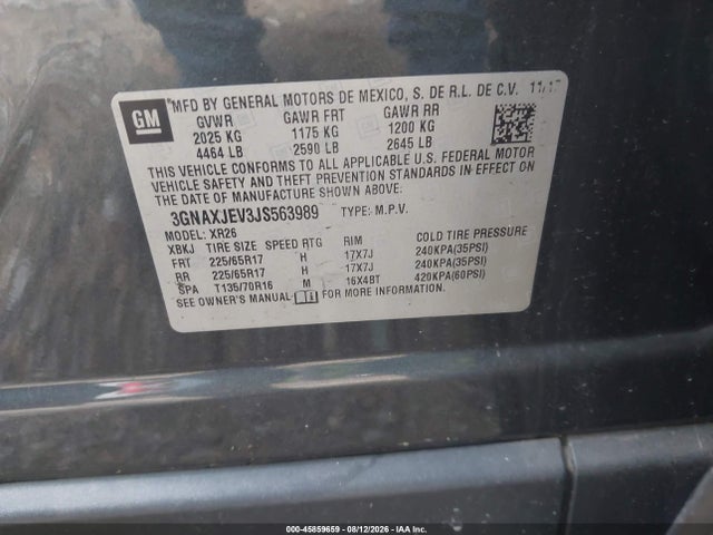 Продаж на аукціоні авто 2018 Chevrolet Equinox Lt, vin: 3GNAXJEV3JS563989, номер лоту: 45859659