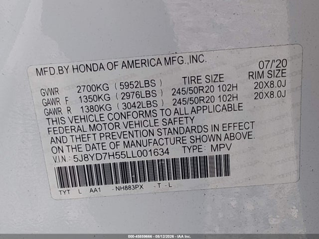 2020 Acura Mdx Sport Hybrid Technology Package მანქანა იყიდება აუქციონზე, vin: 5J8YD7H55LL001634, აუქციონის ნომერი: 45859666