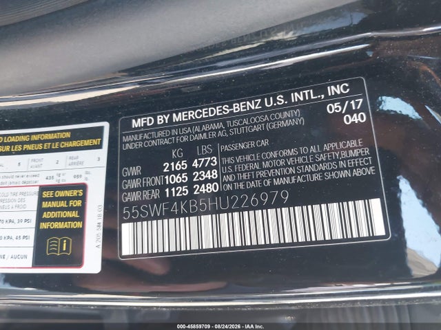 45859709 :رقم المزاد ، 55SWF4KB5HU226979 vin ، 2017 Mercedes-benz C 300 4matic مزاد بيع