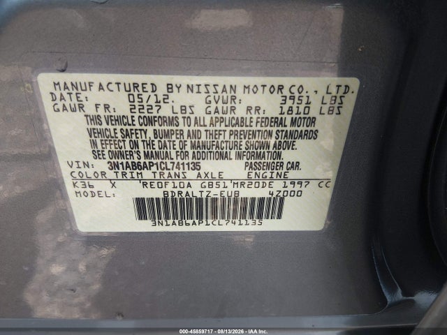 Aukcja sprzedaży 2012 Nissan Sentra 2.0 S, vin: 3N1AB6AP1CL741135, numer aukcji: 45859717