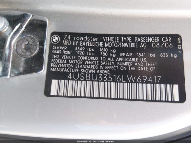 Продаж на аукціоні авто 2006 Bmw Z4 3.0i, vin: 4USBU33516LW69417, номер лоту: 45859730